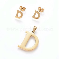 304 Stainless Steel Pendants and Stud Earrings Jewelry Sets, Alphabet, Letter.D, 20~23x13~19x1.5mm, Hole: 6x3mm, 6~10x6~9x1mm, Pin: 0.8mm
