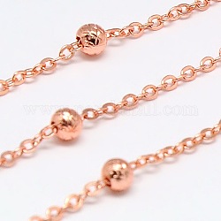 Electroplate Brass Cable Chains, Soldered, with Carved Lines Round Beads, with Spool, Rose Gold, 1.5x1mm, Beads: 3.5mm