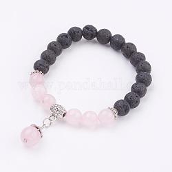 Natural Lava Rock and Rose Quartz Charm Bracelets, with Alloy Findings, Round, 2-1/8 inch(54mm)