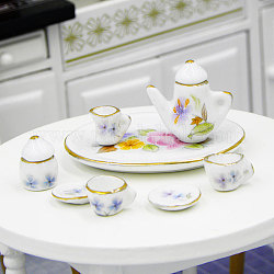 Mini-Keramik-Teesets, inklusive Tasse, Teekanne, Untertasse, Zuckerschüssel, Sahnekännchen, Miniatur-Ornamente, Mikro-Landschaftsgarten-Puppenhauszubehör, vorgetäuschte Requisitendekorationen, Blumenmuster, 8 Stück / Set