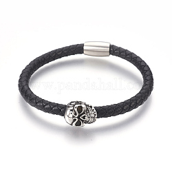 Men's Braided Leather Cord Bracelets, with 304 Stainless Steel Findings and Magnetic Clasps, Skull, 8-1/4 inch(21cm), 6mm