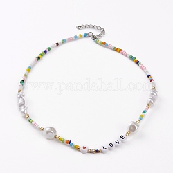 Semences de verre colliers de perles, avec perles en plastique imitation abs, perles de coeur acryliques et fermoirs pinces de homard en alliage plaqué platine, colorées, 16.53 pouce (42 cm)