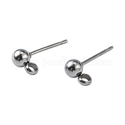 304 Stainless Steel Stud Earring Findings, Ball Post Earring Studs, with Loop, Stainless Steel Color, 15x7x4mm, Hole: 1.7~2mm, Pin: 0.8mm
