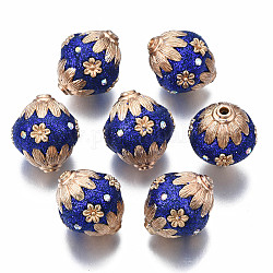 Perles Indonésiennes manuelles, avec de l'argile polymère, strass et accessoires en métal, ovale avec des fleurs, or, bleu moyen, 20~22x18~19mm, Trou: 2mm