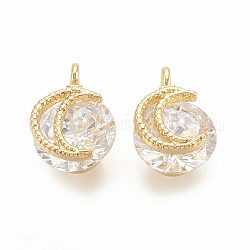 Cubic Zirconia Charms, with Brass Findings, Moon, Clear, Nickel Free, Real 18K Gold Plated, 11x8x6mm, Hole: 1mm