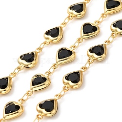 Heart Handmade Brass Glass Link Chains, Real 18K Gold Plated, Soldered, with Spool, Cadmium Free & Lead Free, Black, 12.5x7.5x2.5mm