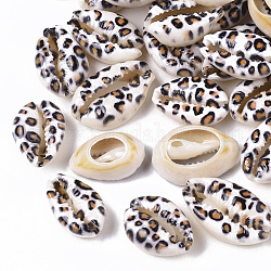 Bedruckte natürliche Kaurimuschel Perlen, kein Loch / ungekratzt, mit Leoparddruckmuster, weiß, 18~21x12~15x7 mm
