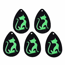 Pendentifs en fer peint, de Style caoutchouté, 3d imprimé, motif d'impression de chat, larme, lime green, 27.5x18x0.5mm, Trou: 1.2mm