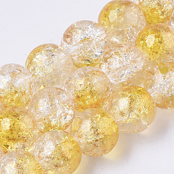 Fili di perle di vetro craquelé verniciato a spruzzo trasparente, con foglia d'oro, tondo, oro, 10~11mm, Foro: 1.4~1.6 mm, circa 39~42pcs/filo, 14.84 pollice ~ 15.27 pollici (37.7~38.8 cm)