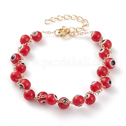 Bracelets de perles faits à la main au chalumeau mauvais œil, avec chaînes à câbles en laiton et fermoirs à ressort, ronde, or, rouge foncé, 7 pouce (17.7 cm)
