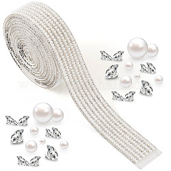 Strass hotfix craftdady, con perla finta acrilica e rifiniture in strass, nastro di strass per rifiniture da cucito in vetro di cristallo, accessori costume, bianco, 30x3mm, 2m/balla
