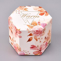 Hexagon Shape Candy Packaging Box, Wedding Party Gift Box, Boxes, Flower and Word Warm Pattern, Sandy Brown, 7.1x8.2x6.3cm, Unfold: 22.9x12.25x0.08cm