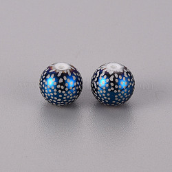 Perles en verre electroplate, ronde avec motif, bleu plaqué, 10mm, Trou: 1.2mm