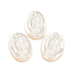 Religion Natural Sea Shell Cabochons, Oval with Engrave Virgin Mary, White, 19x14.5x2.8~3mm