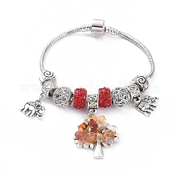 European Bracelets, with Brass Snake Chains, Polymer Clay Rhinestone European Beads, Natural Carnelian Chips, Alloy European Beads & Pendants, Tree of Life & Elephant, with Cardboard Box, 189mm