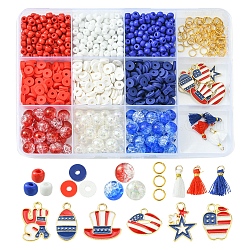 DIY Independence Day Jewelry Making Finding Kit, Including Glass Seed & Polymer Clay Disc & Acrylic Round Beads, Star & Hat & Word USA Alloy Enamel & Tassel Pendants, Mixed Color