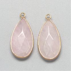 Natural Rose Quartz Pendants, with Golden Tone Brass Findings, Faceted, teardrop, Pink, 32.5~33x16x6mm, Hole: 2.5mm