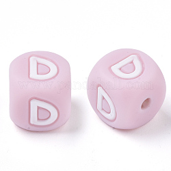 Food Grade Eco-Friendly Silicone Beads, Horizontal Hole, Chewing Beads For Teethers, DIY Nursing Necklaces Making, Letter Style, Cube, Pink, Letter.D, 10x10x10mm, Hole: 2mm