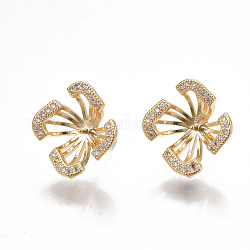 Brass Stud Earring Findings, For Half Drilled Beads, with Loop, Cubic Zirconia, Nickel Free, Real 18K Gold Plated, Flower, Clear 15x15mm, Hole: 1mm, Pin: 0.8mm