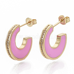 Brass Micro Pave Cubic Zirconia Crescent Moon Stud Earrings, Half Hoop Earrings, with Enamel and Ear Nuts, Letter C, Real 18K Gold Plated, Pearl Pink, 21x17x3mm, Pin: 1mm