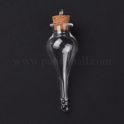 Bottiglia di sughero di vetro a goccia pendenti grandi, fascino della bottiglia dei desideri vuota di vetro, con passanti in ferro tono platino, chiaro, 9.1cm, Foro: 5 mm