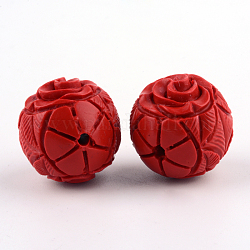 Carved Flower Cinnabar Beads, Round, FireBrick, 19.5x20x19.5mm, Hole: 2mm