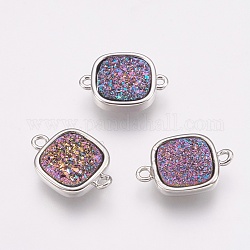 Natural Druzy Agate Links connectors, with Brass Findings, Square, Platinum, Purple Plated, 16x11x3.5~4mm, Hole: 1mm