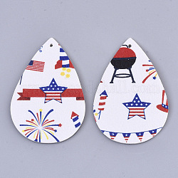 Independence Day Theme, PU Leather Big Pendants, Double Sided, teardrop, with Star Pattern, White, 56x37x1.5mm, Hole: 1.8mm