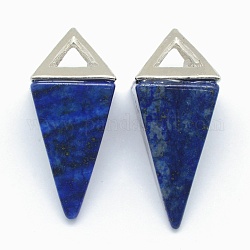 Naturales lapis lazuli colgantes, fornituras de aleación, triángulo, teñido, Platino, 34x14x14.5mm, agujero: 4x6 mm