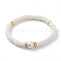 Bracciali elasticizzati fatti a mano in perle di argilla polimerica, con perline distanziatrici in ottone e perle rotonde in vetro, bianco, diametro interno: 2-1/8 pollice (5.5 cm)