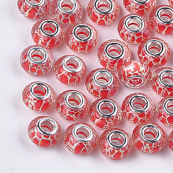 Perles européennes en alliage, Perles avec un grand trou   , avec noyaux en laiton plaqué couleur argent, facette, rondelle, rouge, 14x8~8.5mm, Trou: 4.5~5mm
