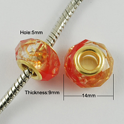 Glass European Beads, with Golden Plated Brass Double Cores, Faceted, Rondelle, Red, 14x9mm, Hole: 5mm