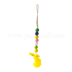Décorations pendentif lapin en plastique thème pâques, avec corde de chanvre & perles en bois, jaune, 282mm