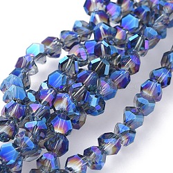 Placcare trasparente perle di vetro fili, pieno arcobaleno placcato, sfaccettato, blu scuro, 5x5.5x5.5mm, Foro: 1.2 mm, circa 78~80pcs/filo, 13.35 pollice ~ 16.14 pollici (39~41 cm)