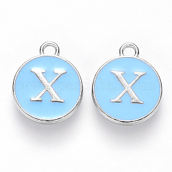 Platinum Plated Alloy Enamel Charms, Cadmium Free & Lead Free, Enamelled Sequins, Flat Round with Letter, Letter.X, 14x12x2mm, Hole: 1.5mm