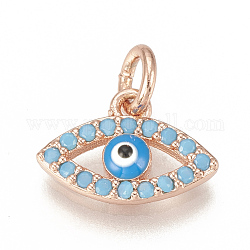 Brass Micro Pave Cubic Zirconia Charms, with Jump Rings, Eye, Rose Gold, 8x12x2.5mm, Hole: 3mm