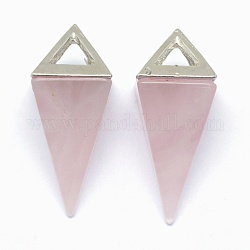 Ciondoli quazo rosa naturale, con accessori in lega, triangolo, platino, 34x14x14.5mm, Foro: 4x6 mm
