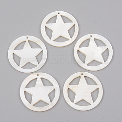 Natural Freshwater Shell Pendants, Ring with Star, White, 30x2mm, Hole: 1.4mm