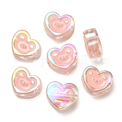 UV Plating Rainbow Iridescent Acrylic Enamel Beads, Heart with Bear Pattern, Pink, 17.5x20x9mm, Hole: 3.5mm