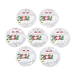 Pendentifs en acétate de cellulose (résine), 3d imprimé, le thème de Noël, Plat rond avec père Noël, fumée blanche, 35x2.5mm, Trou: 1.8mm