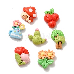 Flower/Mushrooom/Cactus Spring Garden Opaque Resin Decoden Cabochons, Mixed Shapes, Mixed Color, 23~28x20~27x7~9mm