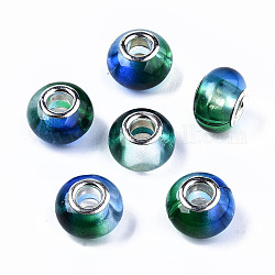 Transparente zweifarbige europäische perlen aus harz, Großloch perlen, mit silberfarbenen Messingdoppeladern, Rondell, grün, 14x9.5 mm, Bohrung: 5 mm