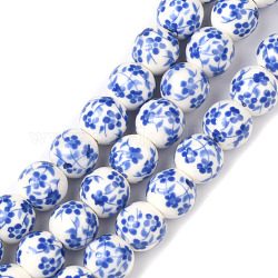 Chapelets de perles en céramique imprimées de fleurs manuelles, ronde, bleu, 8mm, Trou: 2mm, Environ 42 pcs/chapelet, 13 pouce
