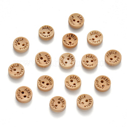 Bottoni in legno di acero intagliato a 2 foro, tondo piatto con lettera aebel8, grano, 9x3~4mm, Foro: 1.2~1.5 mm