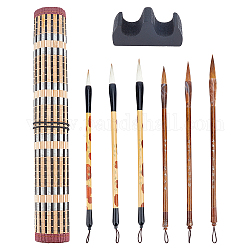 Pandahall elite 6 pz 6 stili setola pennello calligrafia cinese penna, con portapenne in legno, Porta pennelli arrotolabile per penne in bambù 1pz, Portaspazzole in legno 1pz, colore misto, 33x30x0.3cm
