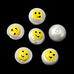 Barocke natürliche Keshi-Perlenperlen, mit Emaille, Süßwasserperle, flach rund mit Gesicht, Gelb, 17.5~19x17~18x8.5~11 mm, Bohrung: 0.9 mm