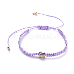 Bracelet tressé en nylon réglable, avec des perles d'émail en alliage mauvais œil et des perles rondes en laiton, or, violet, 1-3/4~3-3/4 pouce (4.5~9.5 cm)