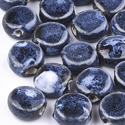Perles en porcelaine manuelles, fantaisie porcelaine émaillée antique, plat rond, bleu marine, 10~11x10.5~11x5~5.5mm, Trou: 1.5~2mm