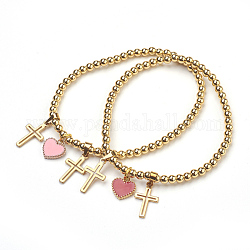 Brass Beads Stretch Charm Bracelets, with 304 Stainless Steel Enamel Pendants, Heart and Cross, Golden, 2-1/4 inch(5.6cm), 2pcs/set