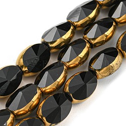 FilI di perline in vetro placcato, con bordo dorato, sfaccettato ovale, nero, 8~9x6.5x5mm, Foro: 1.2 mm, circa 37pcs/filo, 23.78 pollice (60.4 cm)